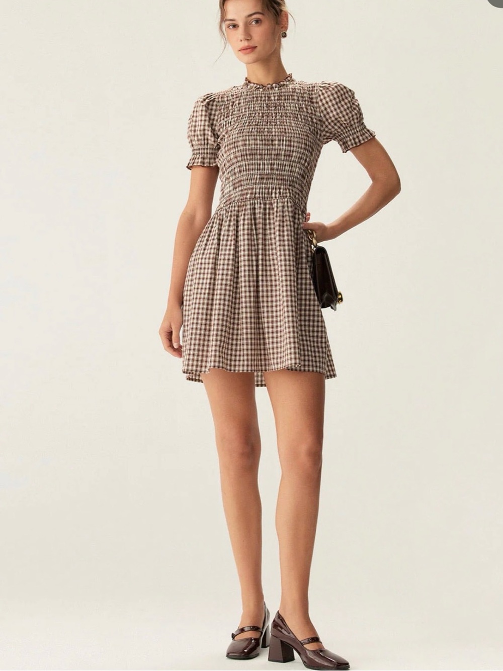 RIHOAS Brown Gingham Smocked Mini Dress